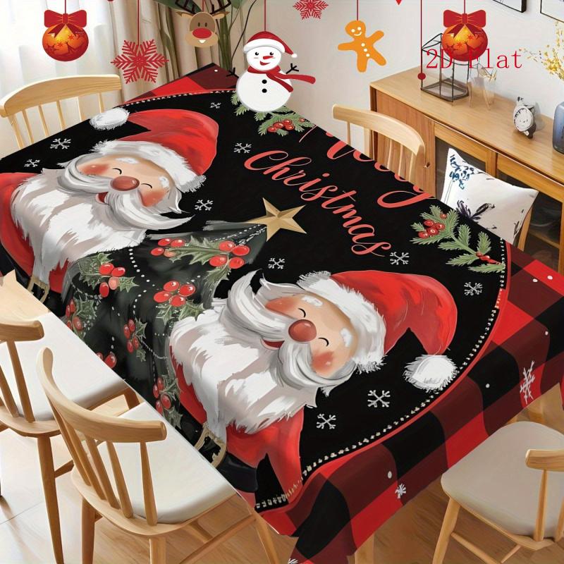 2D Flat 1pc Christmas Elf Pattern Christmas-Themed Polyester Tablecloth, Red And Black Plaid, Festive Atmosphere Decoration, Machine Washable Table Co
