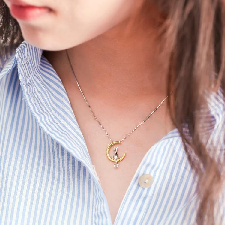 925 Silver moon cat Necklaces Pendant Silver Jewelry Statement for Women Bijoux