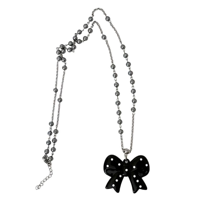 Stylish Long Beaded Necklace Featuring Black Round Dots And Bowknot Love Charm For Casual or Party Wear