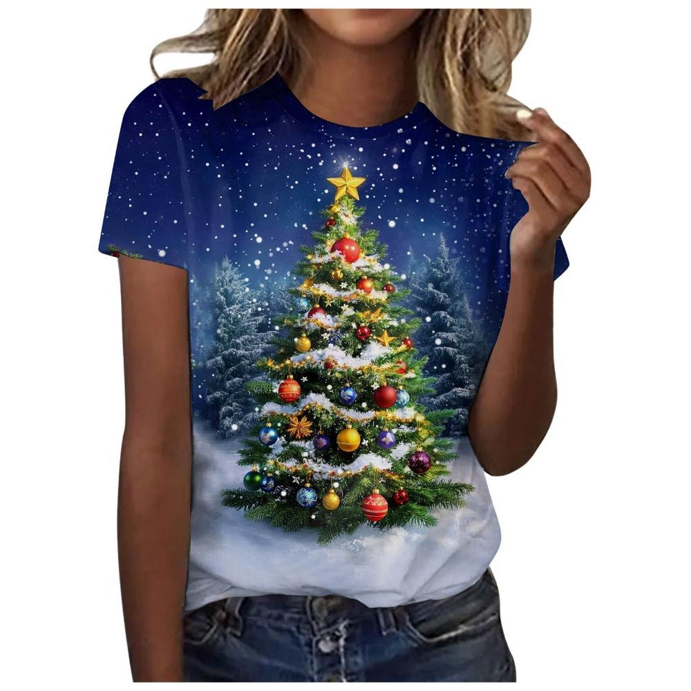 Short sleeved T-shirt for women with Christmas tree print round neck