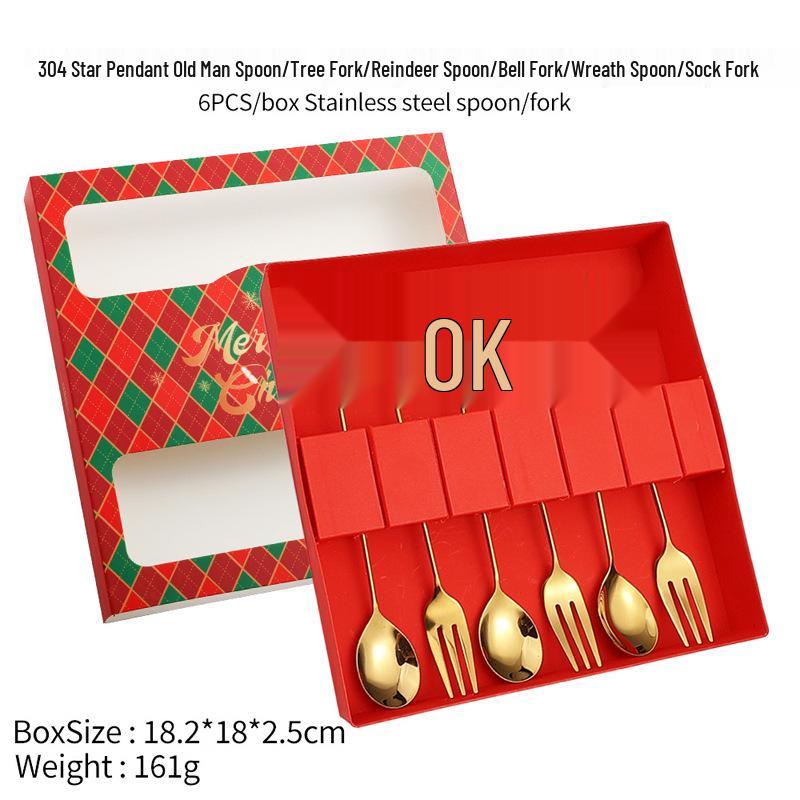 Christmas Cartoon Cutlery Set: Forks, Spoons, and Gift Box Featuring Cute Reindeer and Tree Designs.