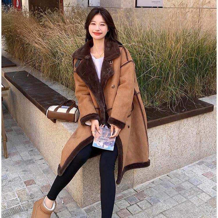 Korean Style Winter Lamb Fur Loose Coat for Women Thick Warm Long Fleece Lined Jacket