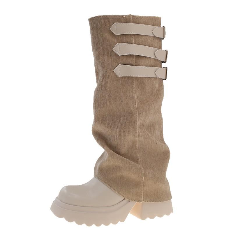 European and American thick-soled cowhide spliced trouser boots, new round head flanged denim sleeve belt buckle thick high-heeled medium boots