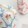 Girls Quilted Cosmetic Bag Soft Floral Makeup Pouch Elegant Bow Knot And Flower