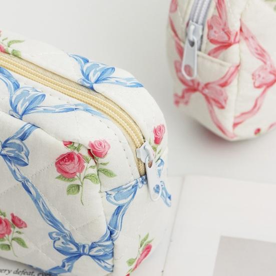 Girls Quilted Cosmetic Bag Soft Floral Makeup Pouch Elegant Bow Knot And Flower