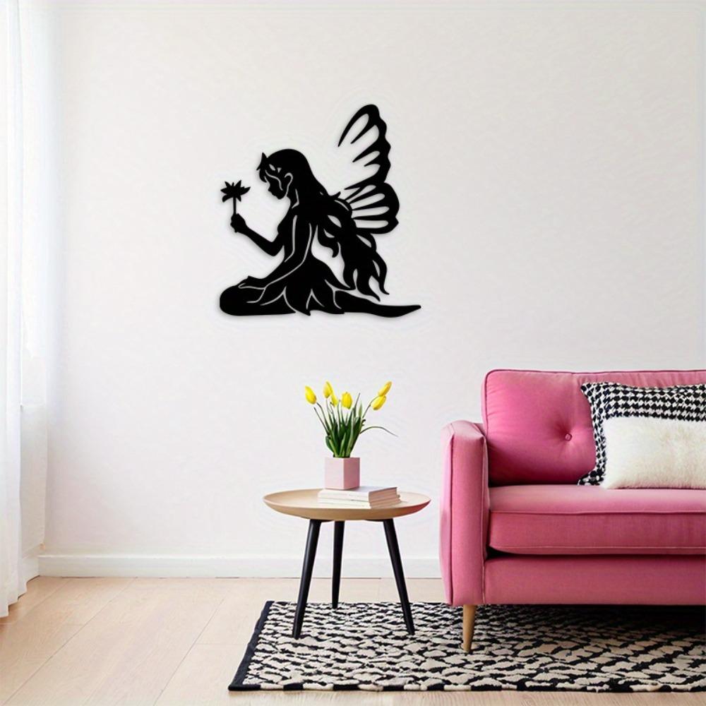 2D Metal Fairy with Lotus Wall Art, Iron Silhouette Sign for Garden, Yard, Living Room Decor, Indoor Outdoor, No Electricity Needed, Magical Accent