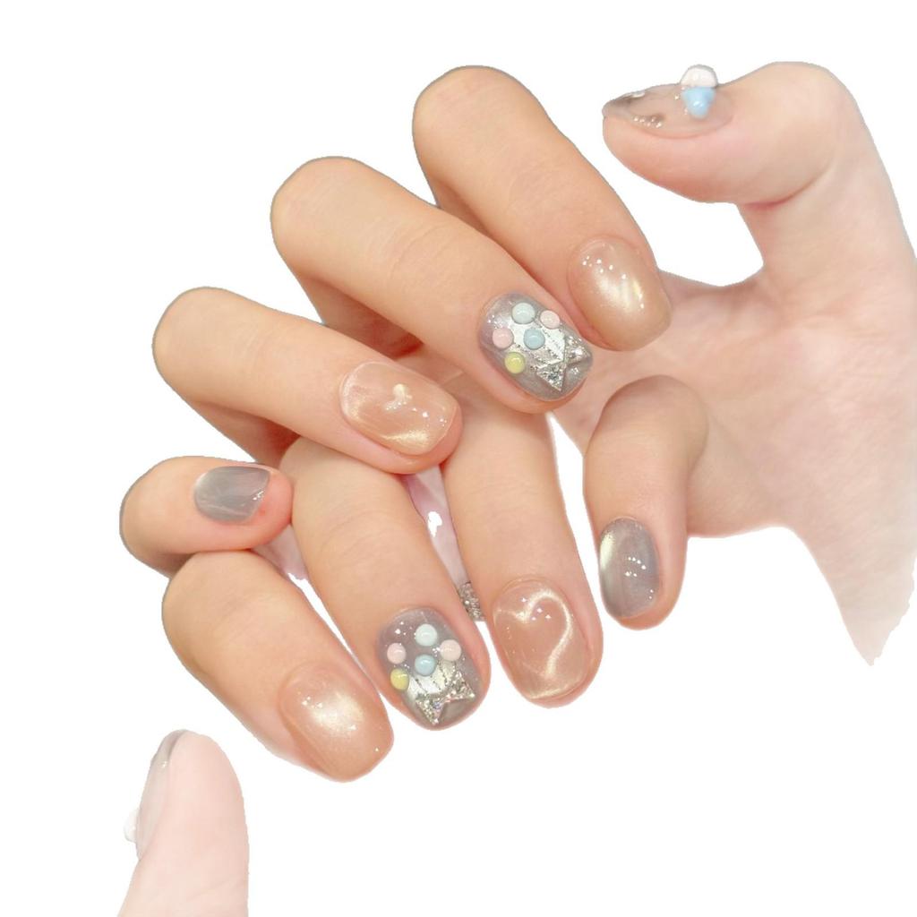 Yihe Cute Heart Cat Eye Kitten Nail Set - Short Handmade Party Nails