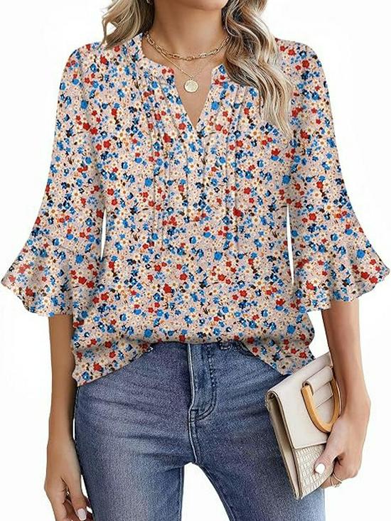 2025 Bluzka Szyfonowa z Dekoltem V w Kształcie Liścia Lotosu - Jednolity Kolor, Rękaw Siedmiopunktowy, Swobodny Luźny Krój