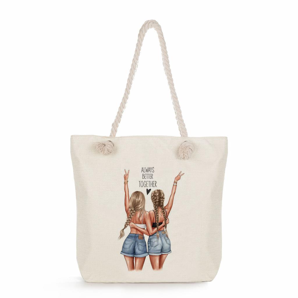 Sisters Print Thick Rope Single-shoulder Beach Bag 7275 CLE