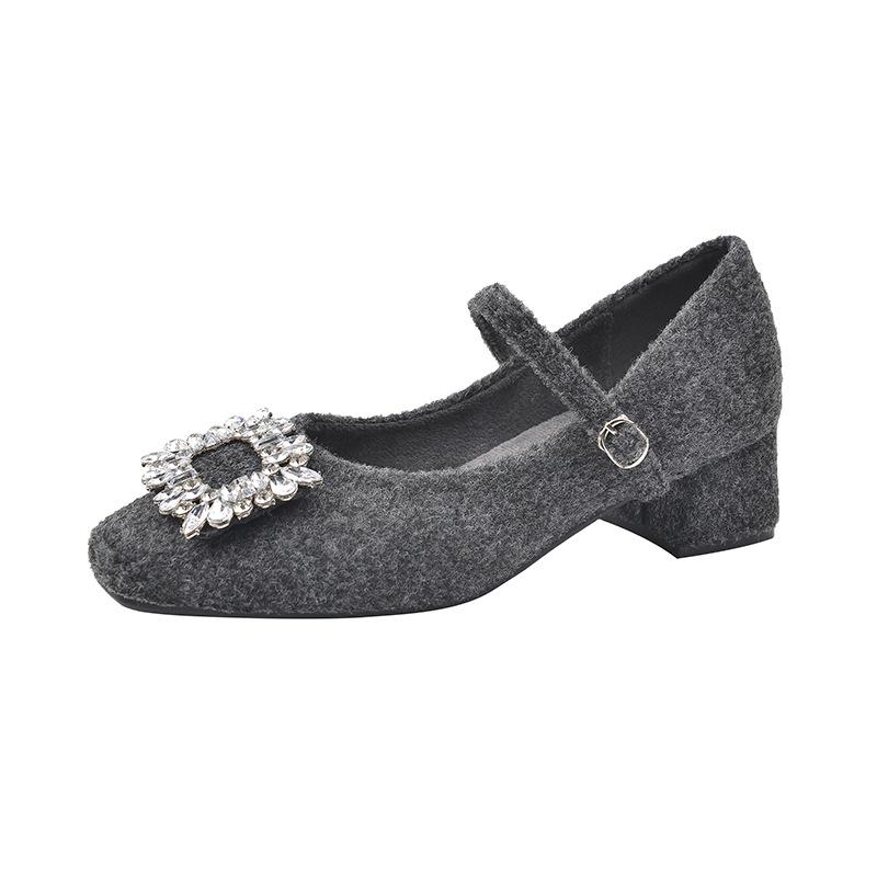 Französisches Temperament quadratischer Kopf Strass Licht Luxus Ein-Wort-Riemen Samt Mary Jane Schuhe Damen Wollschuhe Damen Winterbekleidung Einzelne Schuhe