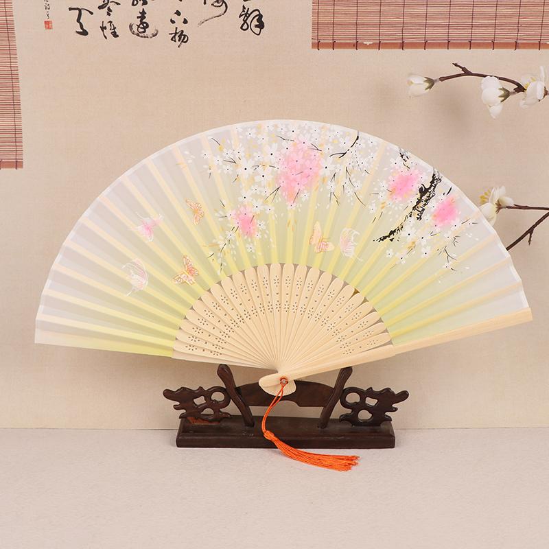 Vintage Printed Silk Folding Hand Fan Tassel Chinese Bamboo Fans Women Dance Performance Props Home Decoration Ornaments