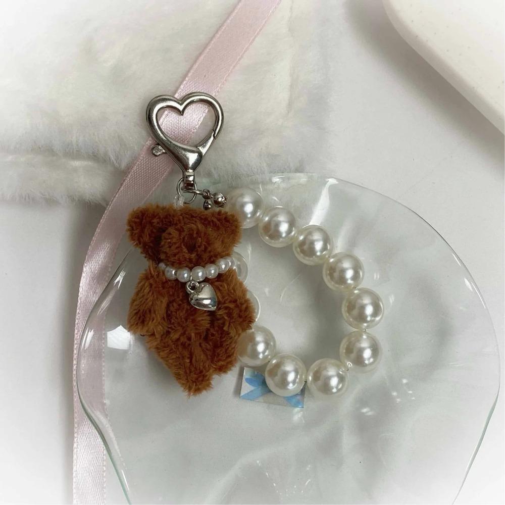 Cute Imitation Pearl Teddy Bear Mobile Phone Chain Hanging Ornament Gift Keychain Handbag Pendant Pendant Women Girls