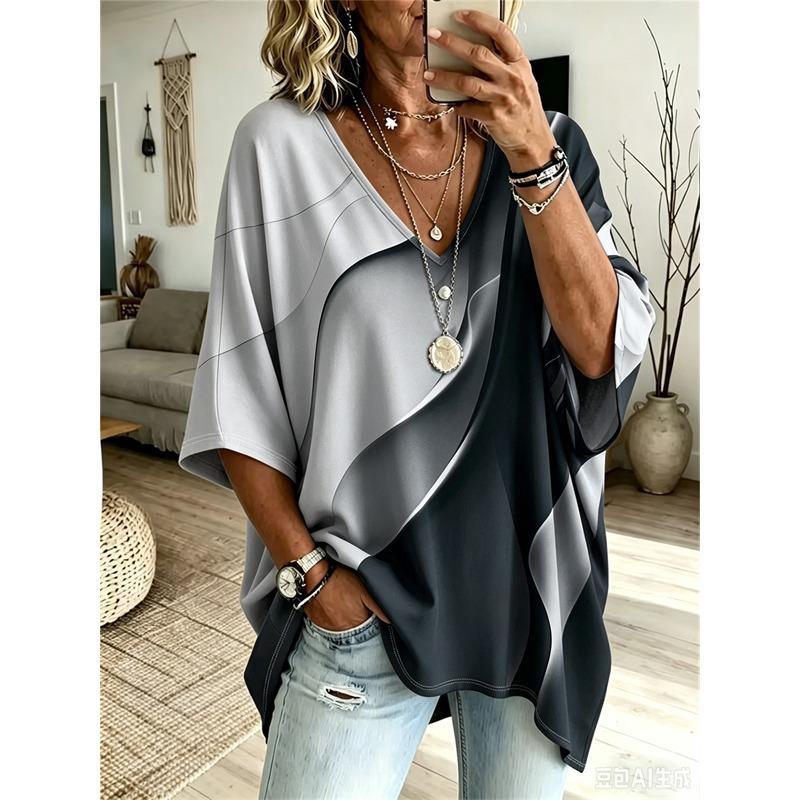 Printed Plus-Size Women's V-Neck Batwing Sleeve T-Shirt Bohemian Ethnic Print Loose Top Summer Comfortable Breathable Daily Commute Casual