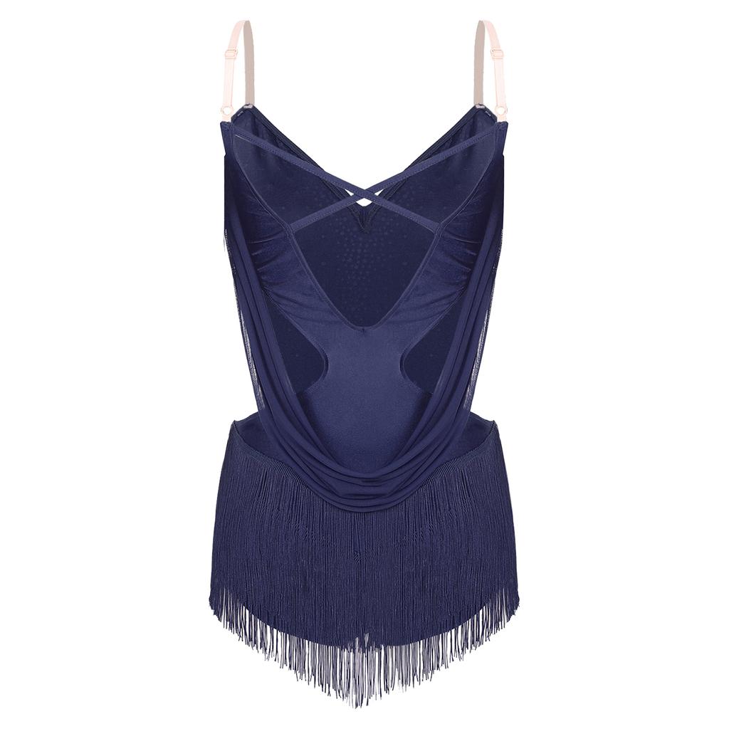 Womens Dance Leotard Ruched Mesh Drapes Glittery Rhinestones Adjustable Straps Cutout Fringe Bodysuit Performance Wear
