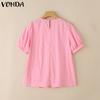 VONDA Women Summer O-neck Short Sleeve Lace Hem Casual Ruffled Blouse