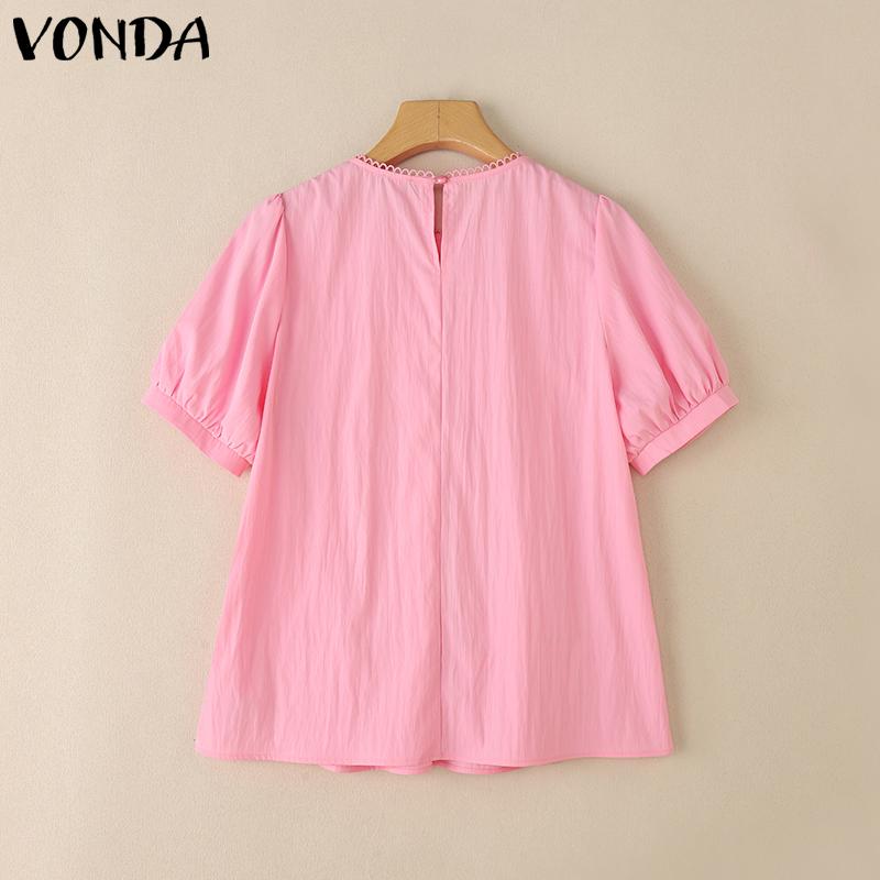 VONDA Women Summer O-neck Short Sleeve Lace Hem Casual Ruffled Blouse
