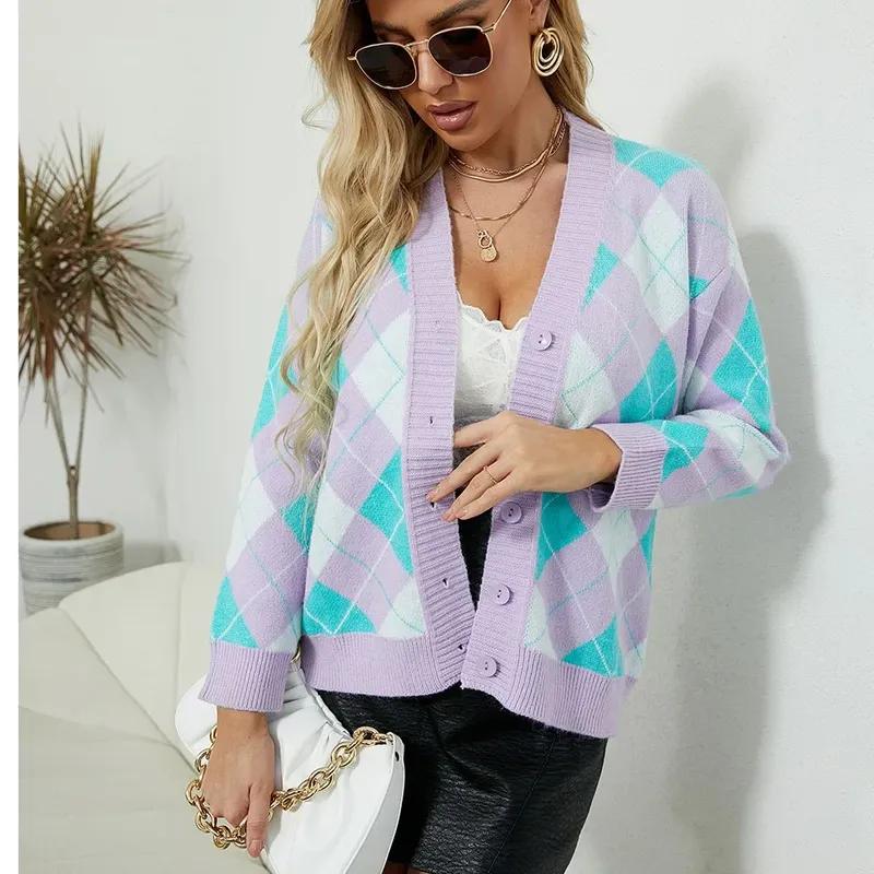 Cardigan tricoté imprimé géométrique décontracté, automne/hiver, pull contrasté, manteau polyvalent à manches longues, col en v, veste pull 30099