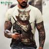 Summer Round Neck Funny Animal Samurai Cat Pattern 3D Print Top Fashionable Casual Short Sleeved Men's T-shirts