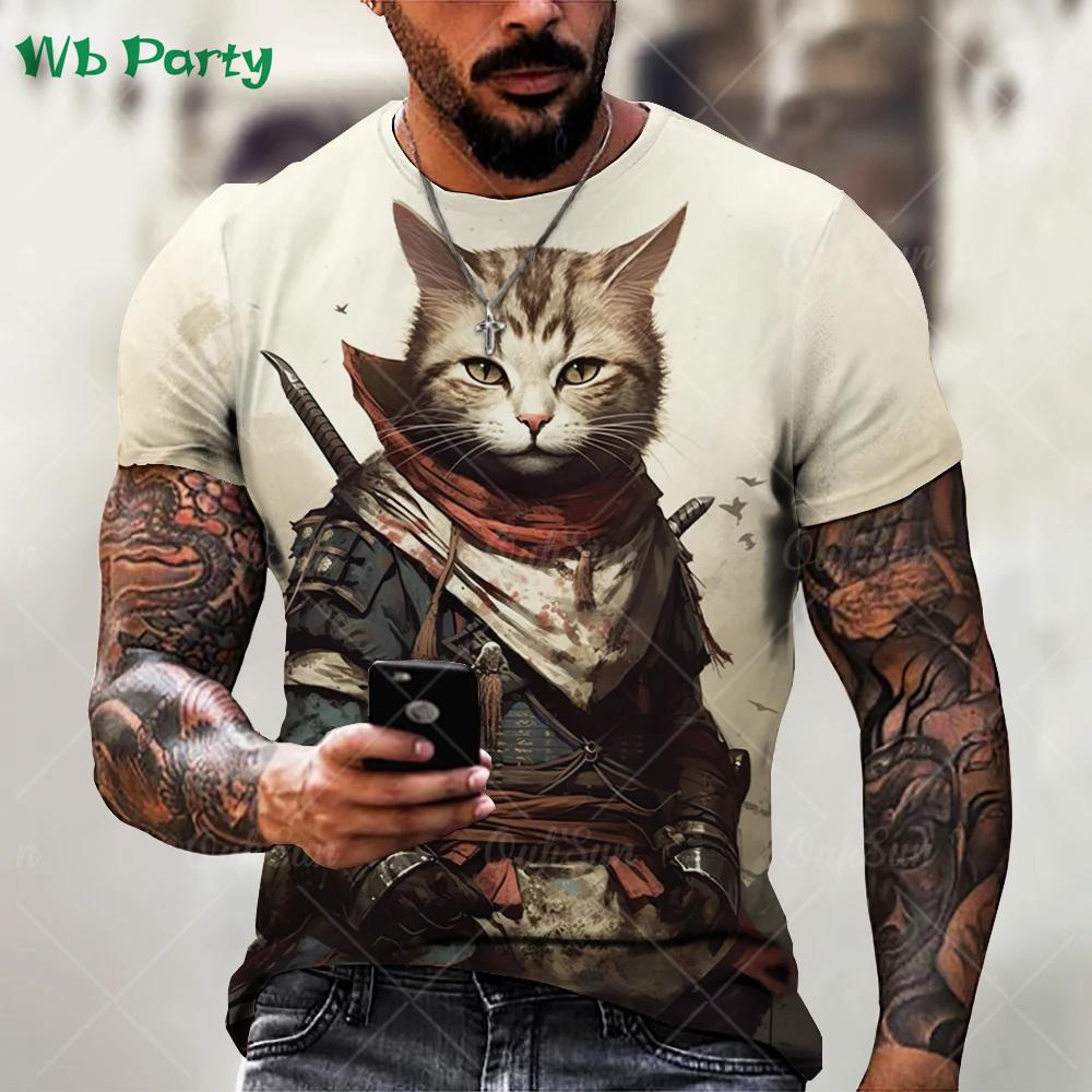 Summer Round Neck Funny Animal Samurai Cat Pattern 3D Print Top Fashionable Casual Short Sleeved Men's T-shirts