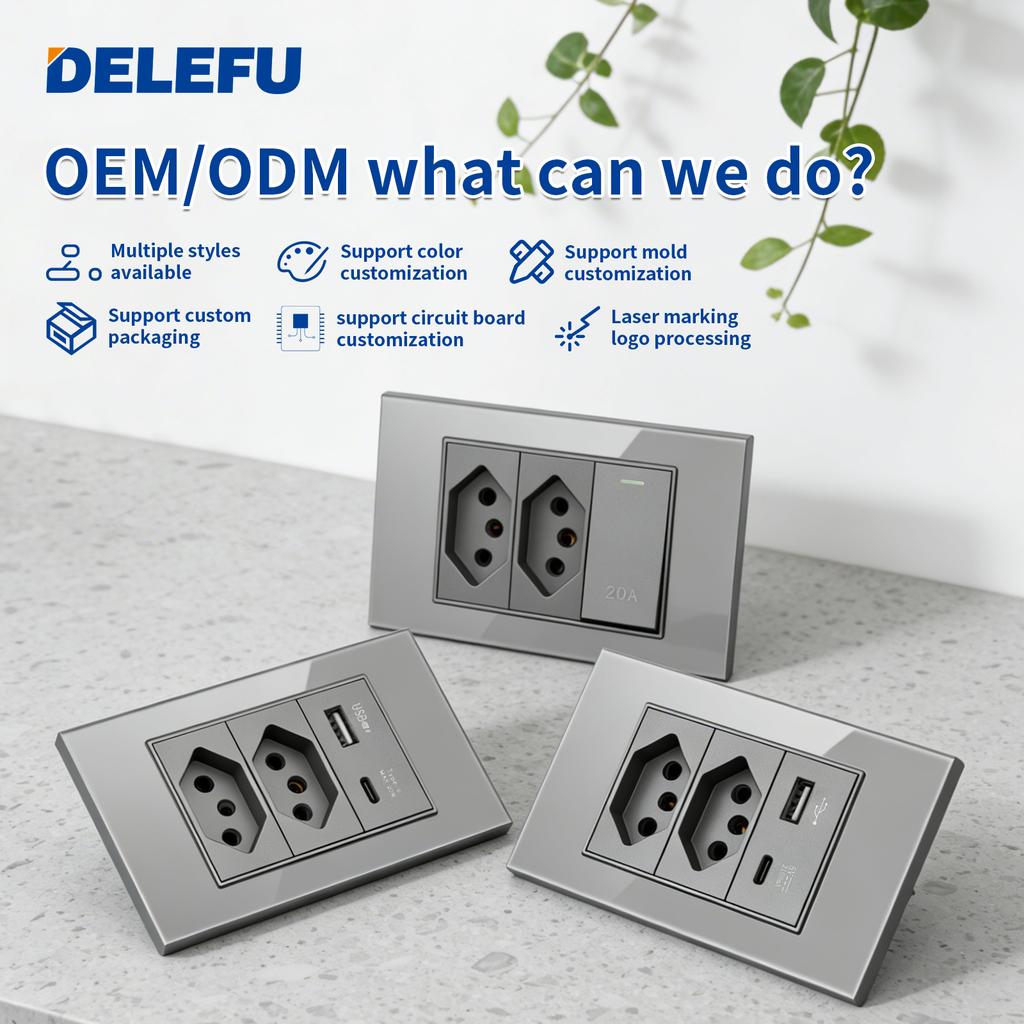 DELEFU Brazil Standard Grey Glass Panel 20A 10A Smart Switch CAT6 Network Socket USB Type-C Wall Outlet Household Charging