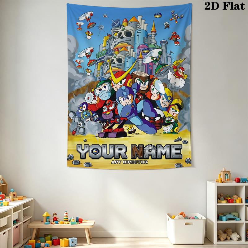 Name Custom Mega Man Anime Wall Tapestry Aesthetic Wall Hanging Printed Fabric Blanket Decorative Tapestries for Bedroom Living Room Home Decor