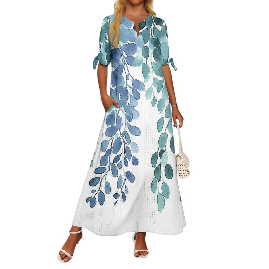 Ladies Casual Fashion Temperament Elegant Waist Patchwork Floral Print Long Dress