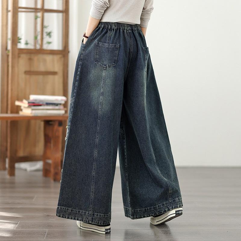 Plus Size Vintage Patchwork High Waist Casual Loose Women Spring Summer Autumn Jeans Denim Wide Leg Pants