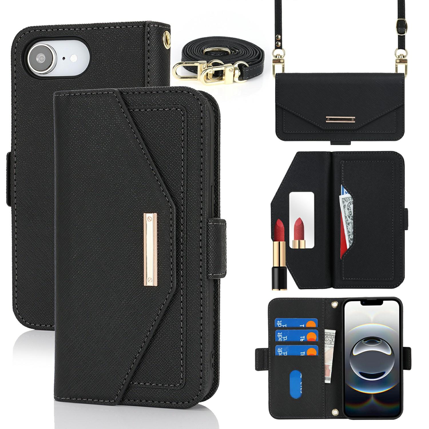 

For iPhone 16e Stand Case Cross Texture PU Leather Wallet Phone Cover with Shoulder Strap/Makeup Mirror Black