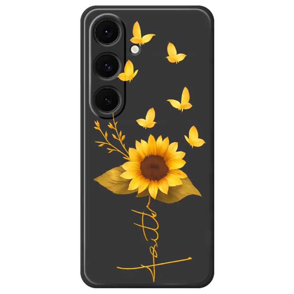 

For Samsung Galaxy S24 FE Case Golden Butterfly Sunflower Pattern Printing Straight Edge TPU Phone Back Cover Black