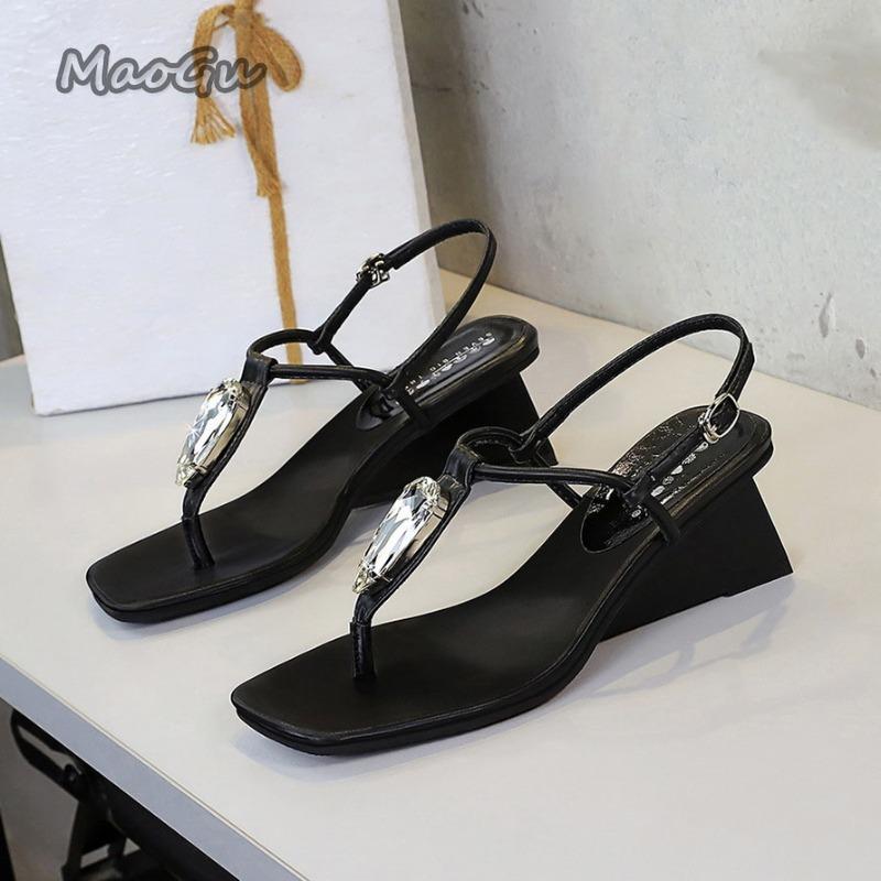 Fashion Luxury Rhinestone Embellished Fashion Design Shoes Back Strap Buckle Wedges Sandals Women Elegant Banquet Dress Shoes 7CM Heels