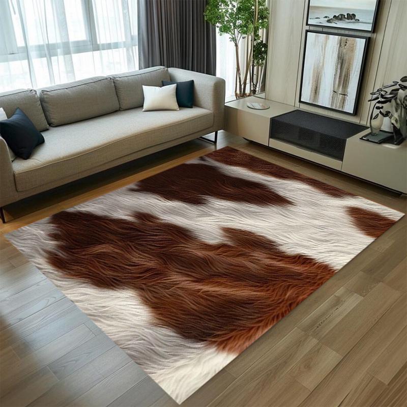 Faux Cowhide Pattern Area Rug Natural Texture Home Decor Living Room Bedroom Floor Carpet Retro Rustic Style Multiple Designs
