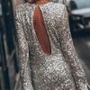 Women Dress Shiny Sequin Hollow Out Back Long Sleeve Loose Soft Round Neck Split Cuff Sheath Individual Streetwear Club Party Dance Mini Dress