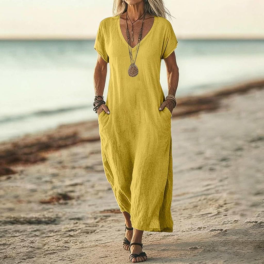 Women V Neck Short Sleeve Loose Fit Maxi Dress with Pockets Casual Summer Lightweight Long Dress for Daily Wear