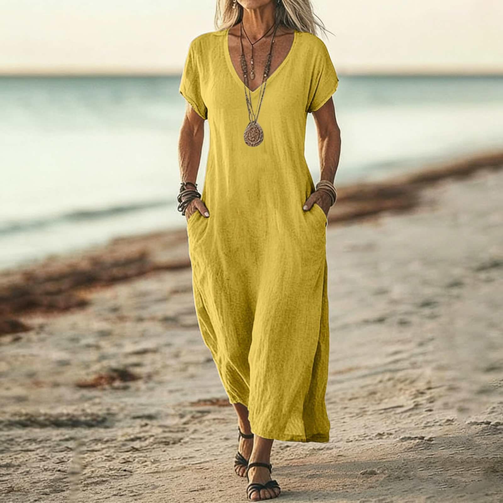 

Fashion Women s Color V-neck Long Dress Loose XL