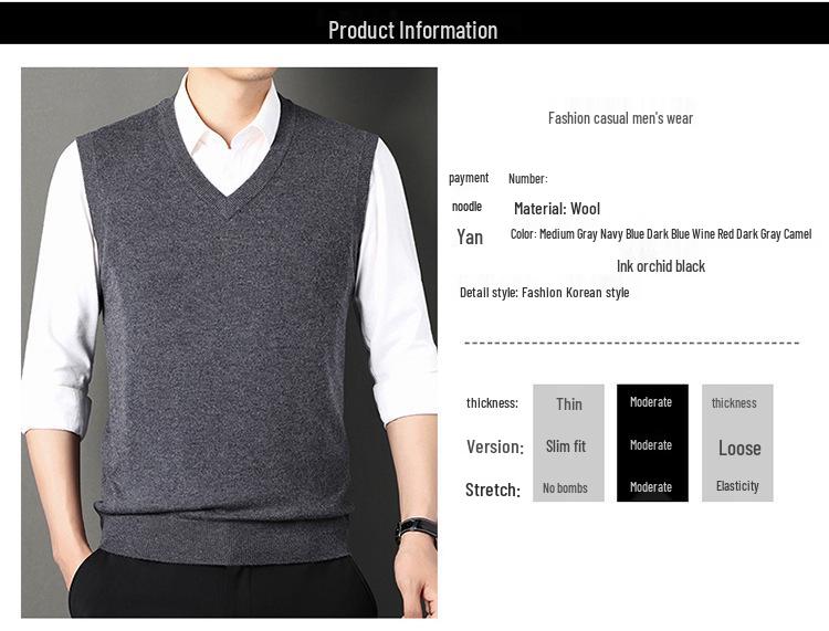 Men's Wool V-Neck Sleeveless Sweater - Solid Color Business Casual Knitwear for Spring and Autumn