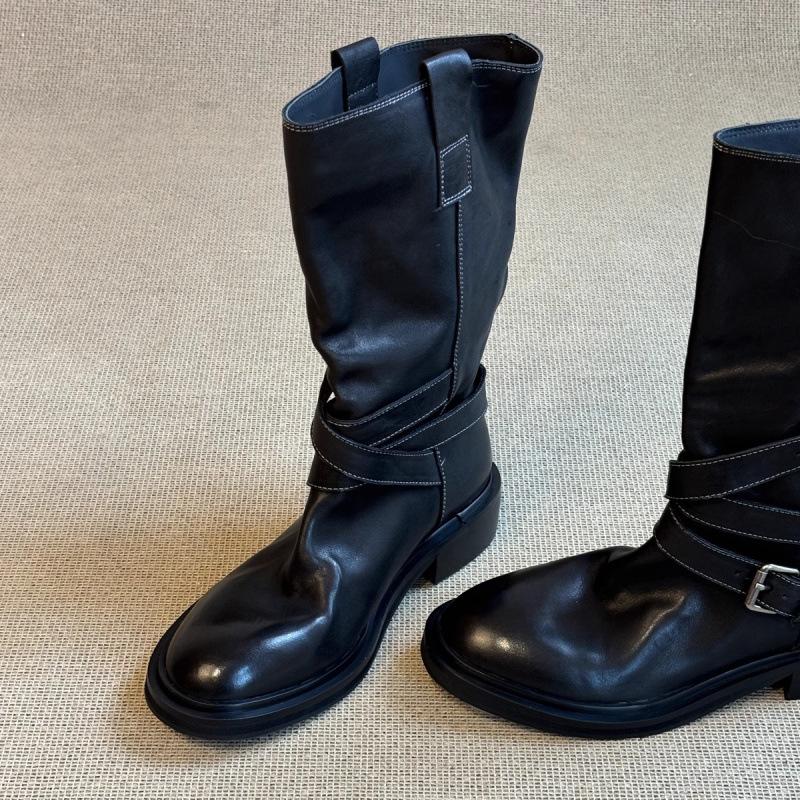 Cowhide Edition~ Retro Belt Buckle Medium Boots Western Cowboy Boots Skinny Thick-soled Fried Street Short Boots Female Knight Boots