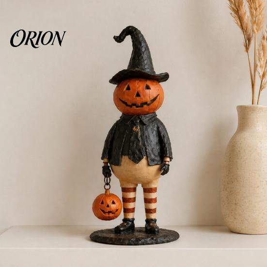 Whimsical Autumn Home Accent Pumpkin Witch Figurine, Spooky Halloween Statue with Lantern, LED Lighted Night Lamp Vintage Gothic Resin for Tabletop