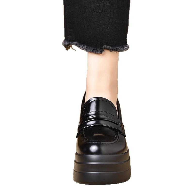 New retro wedge heel small leather shoes round head small height-increasing platform shoes spring fashion soft leather high-heeled loafers