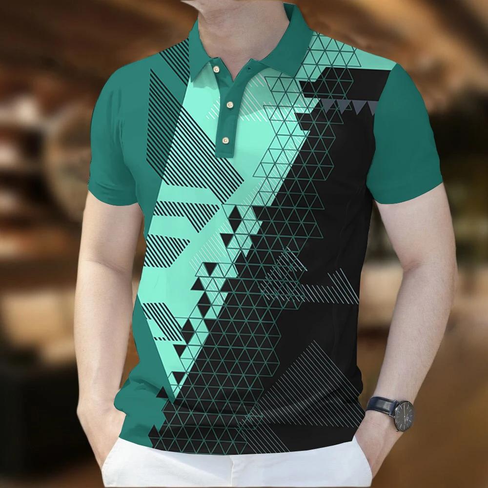 Men Polo T-Shirt Business Casual Short Sleeve Pattern Print Button T Shirt Summer Loose polyester Tops  Fashion Golf T-Shirts