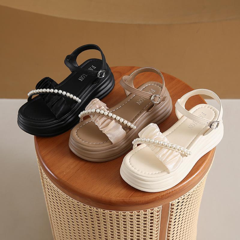 Fairy wind sandals female summer new casual platform word with pearl muffin beach shoes