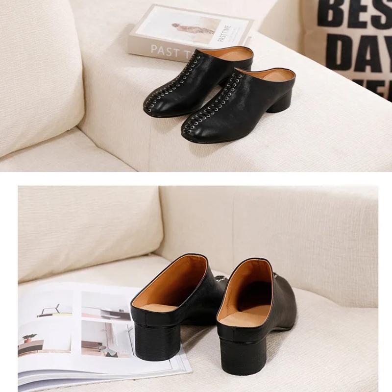 Johnature Ciabatte Moda in Vera Pelle con Tacco Grosso Punta Tonda Comode Suola Morbida Scarpe Slip-on da Donna