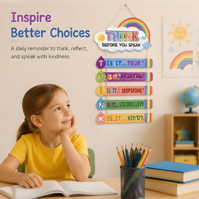 Spraakherinnering Houten Wandbord Klaslokaal met Wolkenprint, Denk Na Voordat Je Spreekt Hangbord voor Kinderkamer of Counselingkantoor