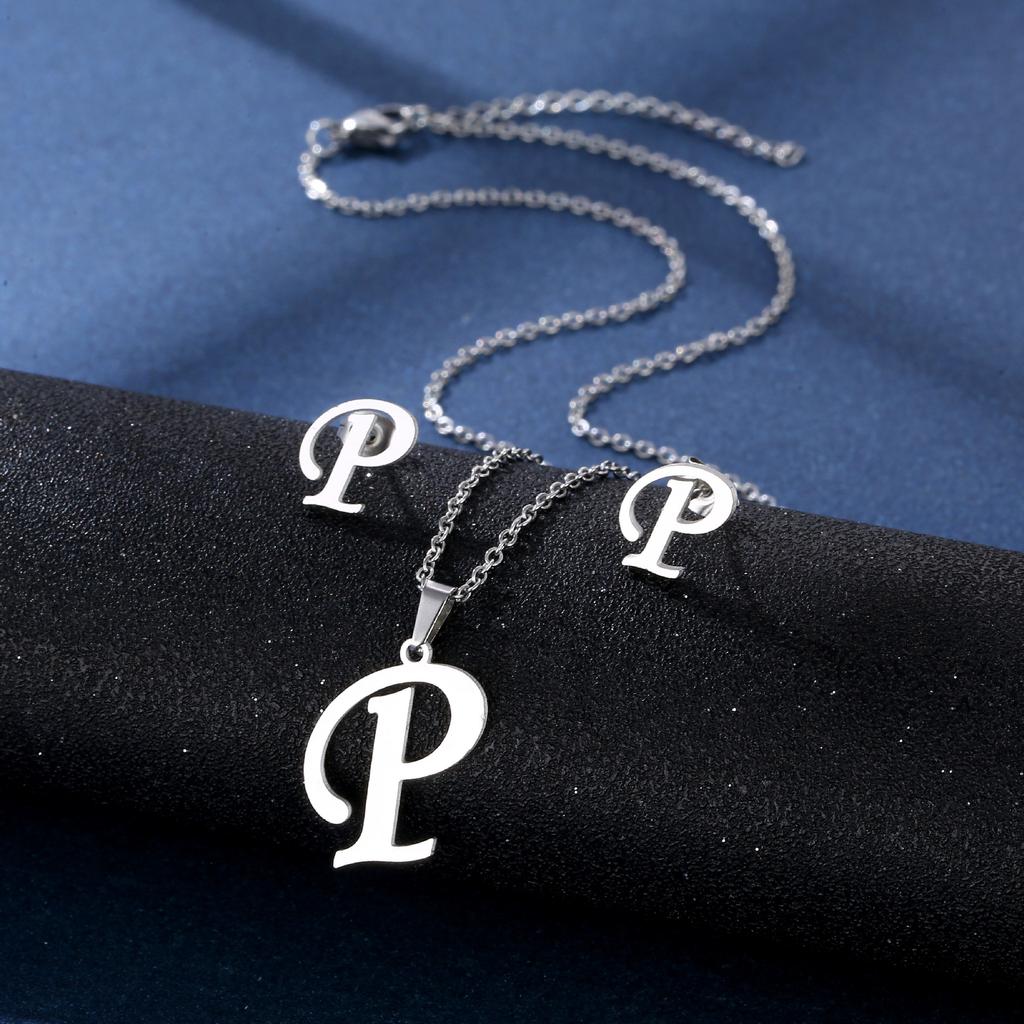 Fashion Alphabet Necklace And Earrings Set Shiny Colorfast Pendant Choker Jewelry