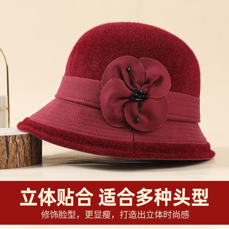 Middle-aged hat women's winter mink warm bucket hat mother autumn and winter versatile flower top hat British fashion pot hat
