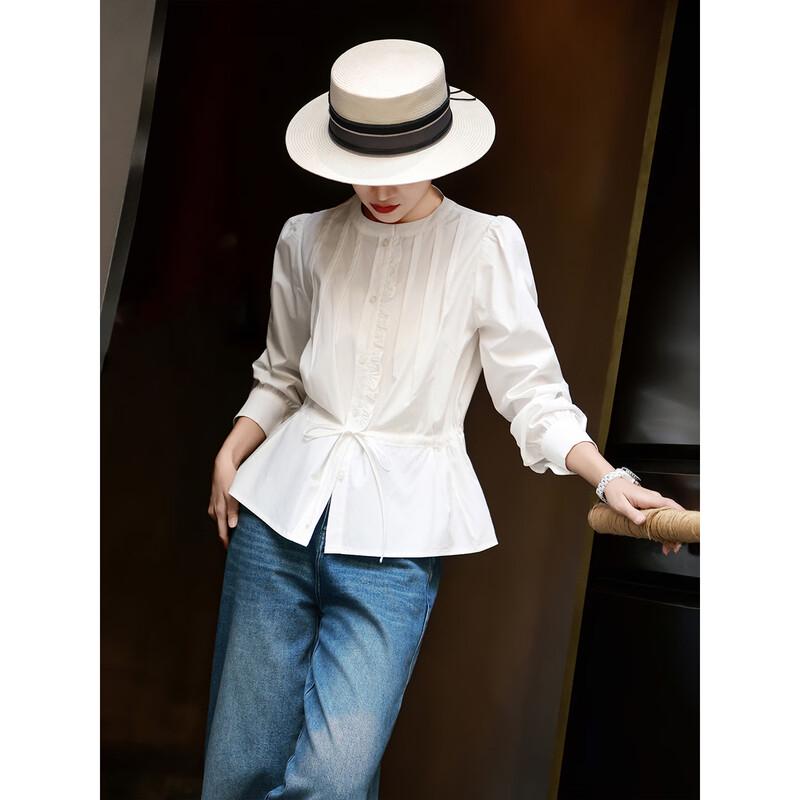 

Lanseer Elegant Ruffle Round Neck Tie-Waist White Shirt XXL