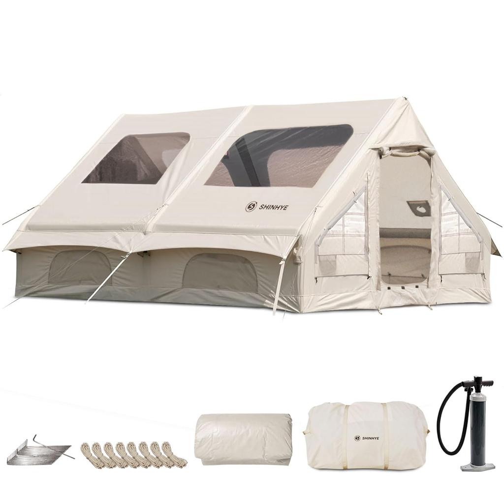 ShinHye Air Tent Inflatable Tent Person Lodge Style 420D Oxford Fabric Large Transparent Skylight Mesh Window Chimney Hole Family Tent Easy Assembly
