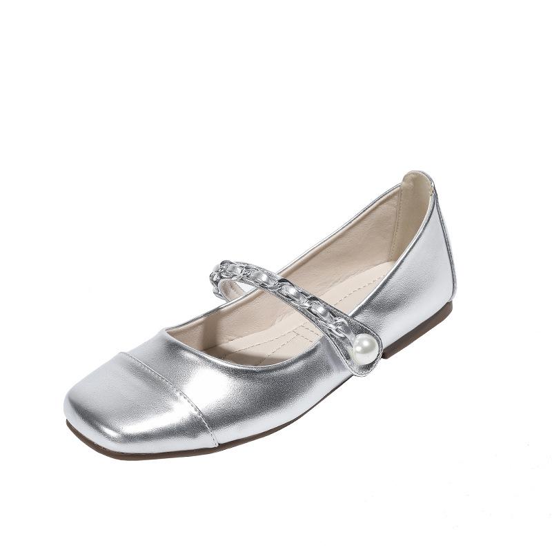 Fashion Women's Lolita Chain Strap Mary Janes Mixed Color Gold/Silver Flats Ballerinas Square Toe Loafers Daily Barefoot Shoes Ladies