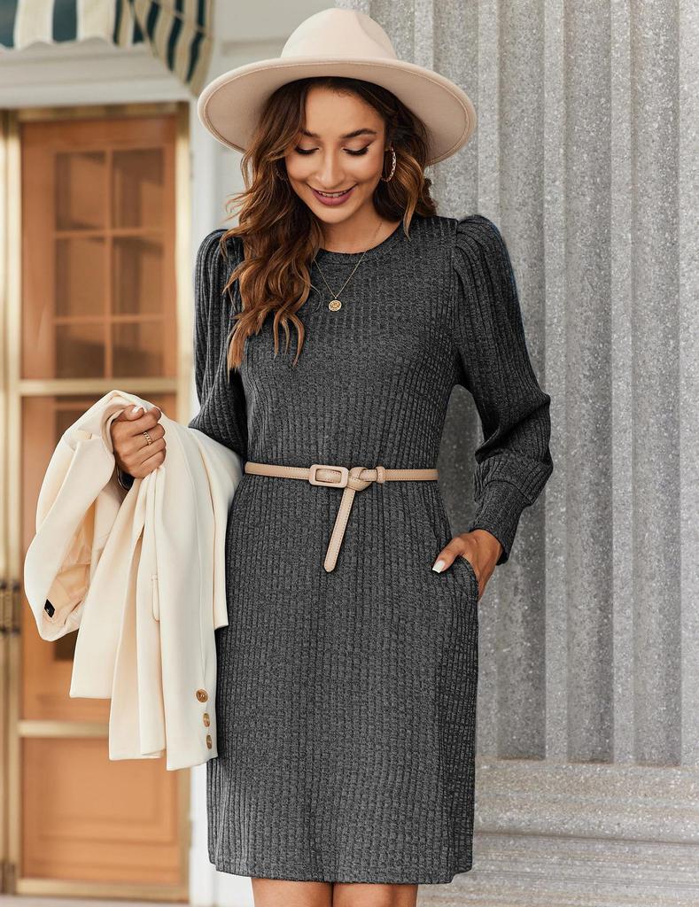 European & American Fashion Knitted Puff Sleeve Dress - Women's Autumn/Winter Casual Loose Fit with Pockets