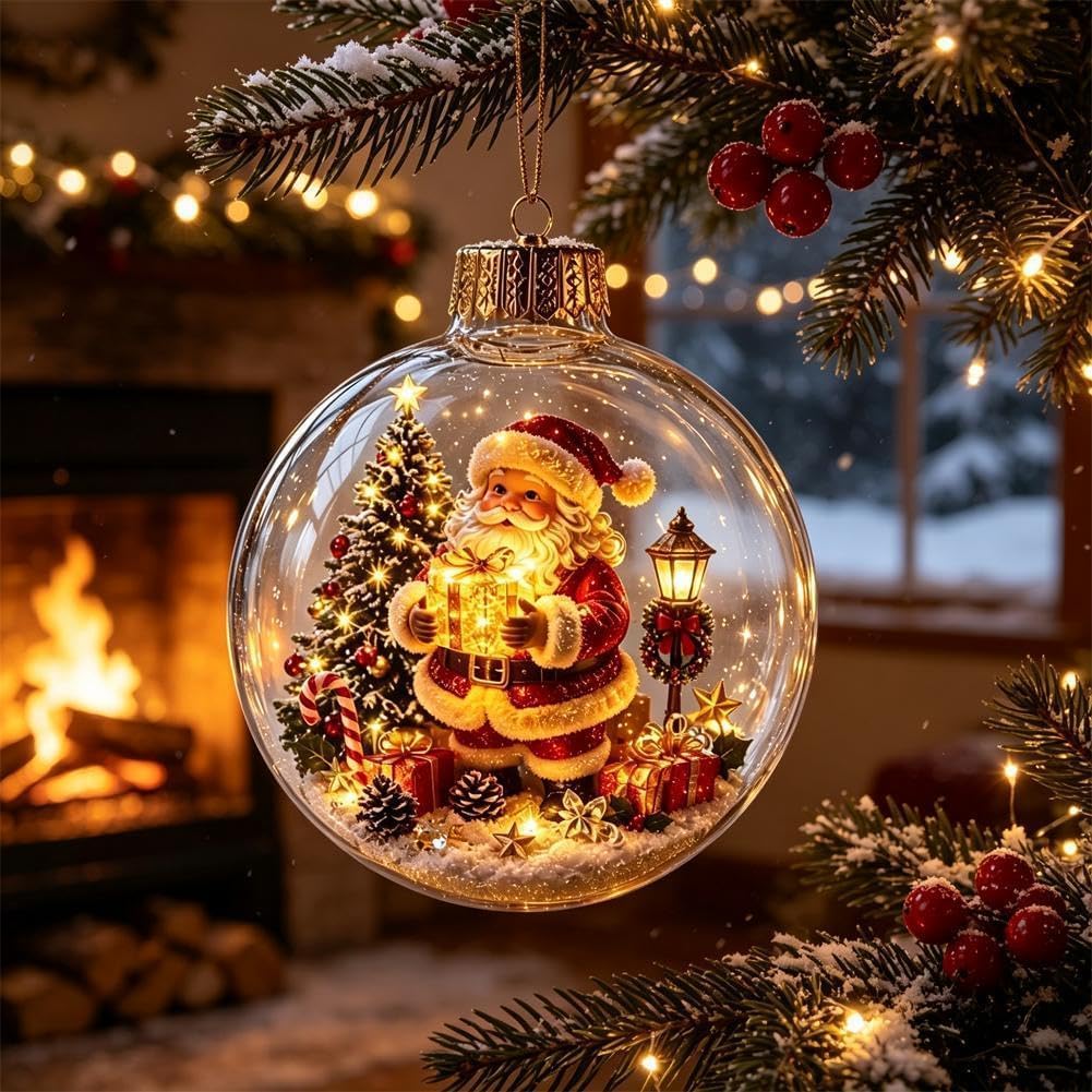 8Pcs 3D Glowing Christmas Story Ornament   3.15 Inch Miniature Diorama Ball with Warm LED Light   Shatterproof Plastic Holiday Tree Decor Gift