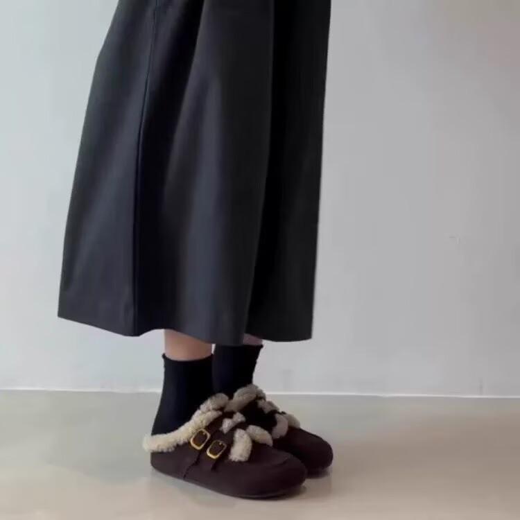 Belt Buckle One Pedal Outside Slippers Women S Autumn And Winter Half Bag Mao Mao Boken Shoes Women S Single Shoes 35 коричневый